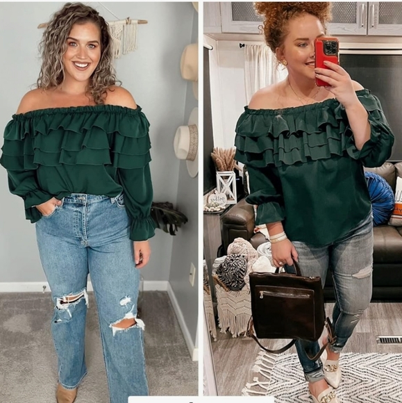 Byinns Women's Off The Shoulder Layered Ruffle Top in Emerald size XXL - Picture 13 of 13